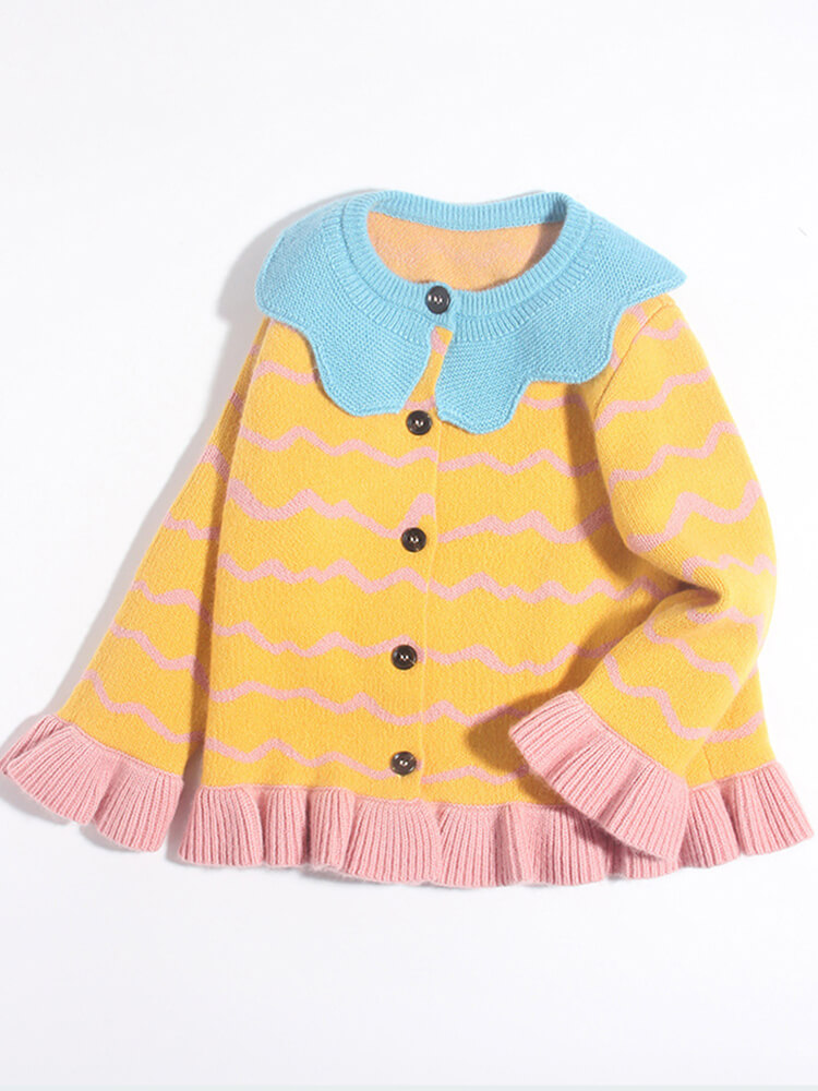 (image for) Girls Colorful Button-Up Cashmere Cardigan with Scalloped Trim